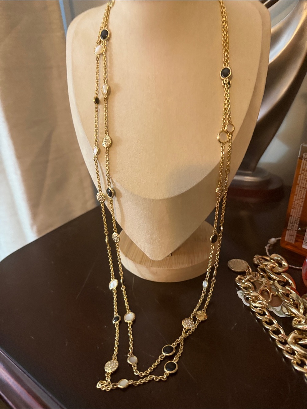 Gold Long Station Necklace with Black and White Accents